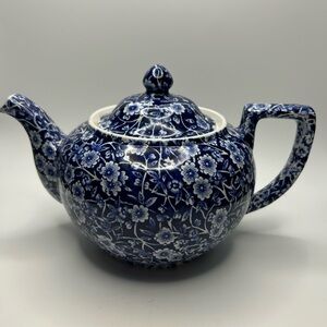 Vtg Burleigh Blue calico tea pot. Blue and white 
Staffordshire England.